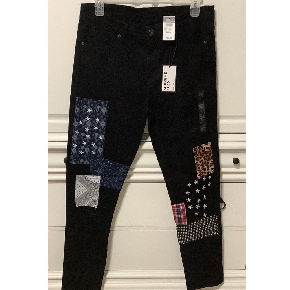 Rue 21 Men’s Supreme Flex Skinny Black Distressed W/Patches Jeans 34”x34” NWT